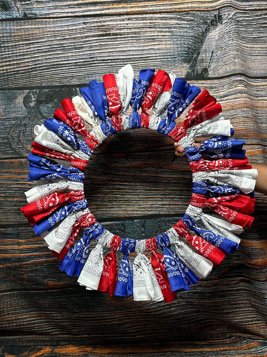 Patriotic Banda Wreath Independence Day Freedom American 30 inch Wall hanging Decoration display honor patriot service Multi Red White Blue