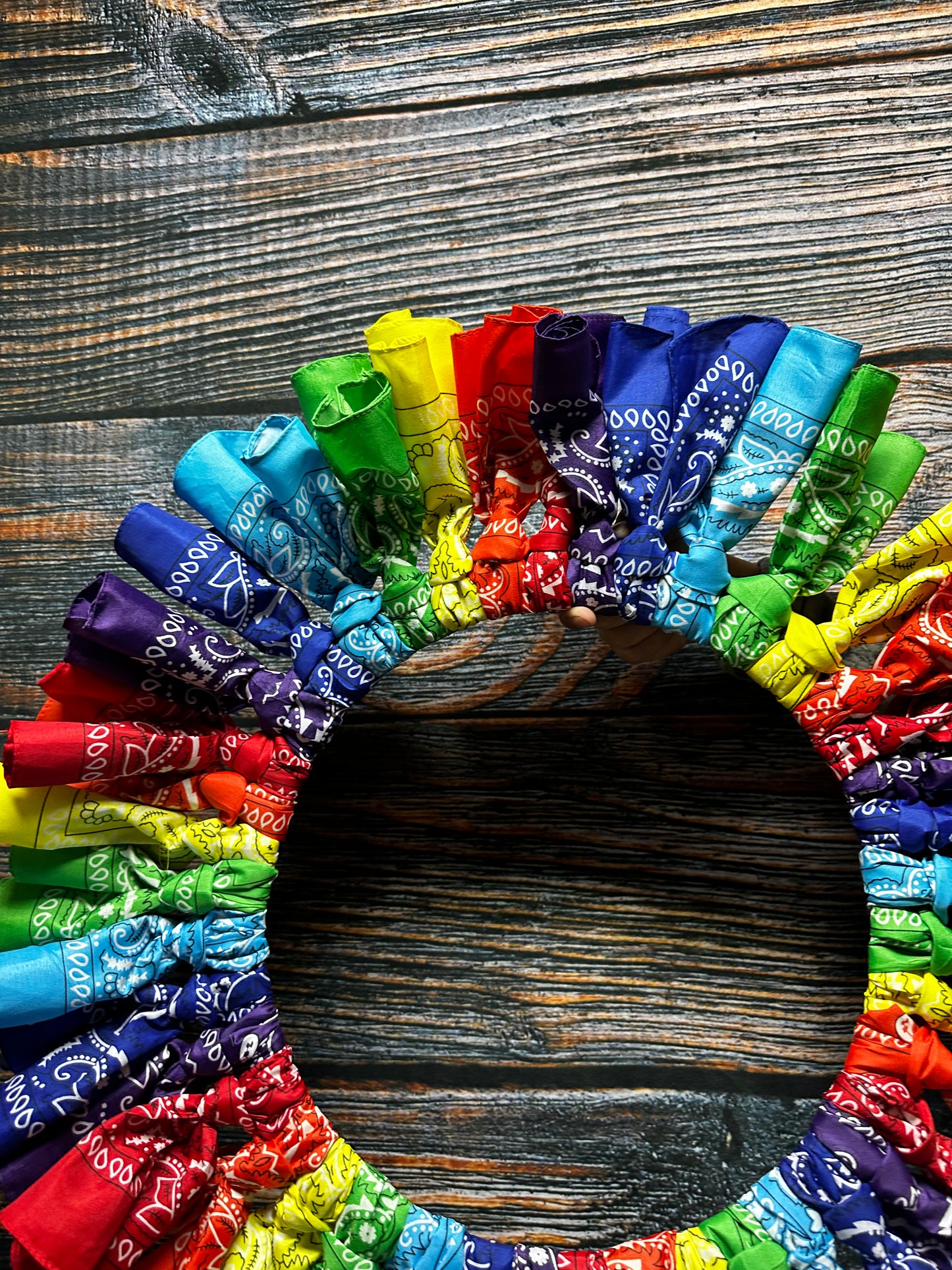 Rainbow Bandanna Wreath Unique 30 inch Wall hanging she shed girl room Decoration display Multi color red orange yellow green blue purple