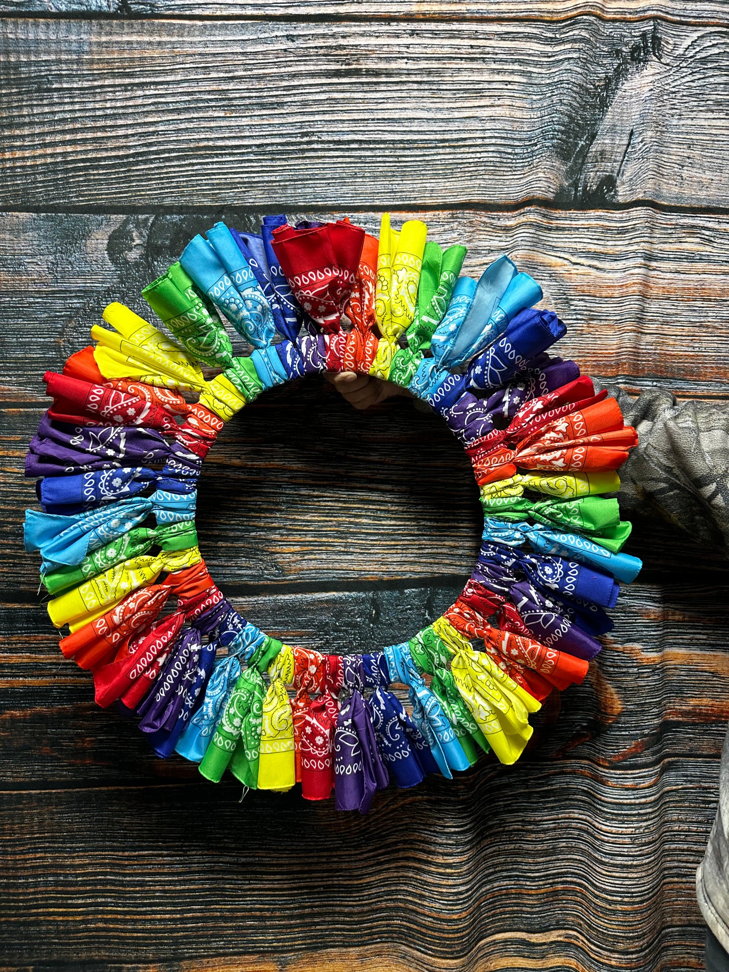 Rainbow Bandanna Wreath Unique 30 inch Wall hanging she shed girl room Decoration display Multi color red orange yellow green blue purple